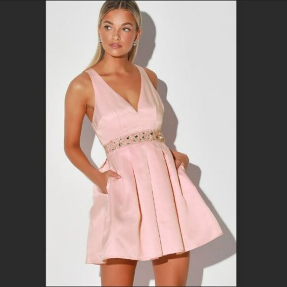 NEW Lulus Satin Light Pink Trendy Skater Dress with Rhinestones - Picture 2 of 15